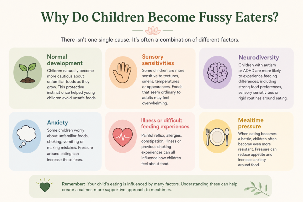 Illustration showing the common causes of fussy eating in children, including developmental, sensory, emotional and environmental factors